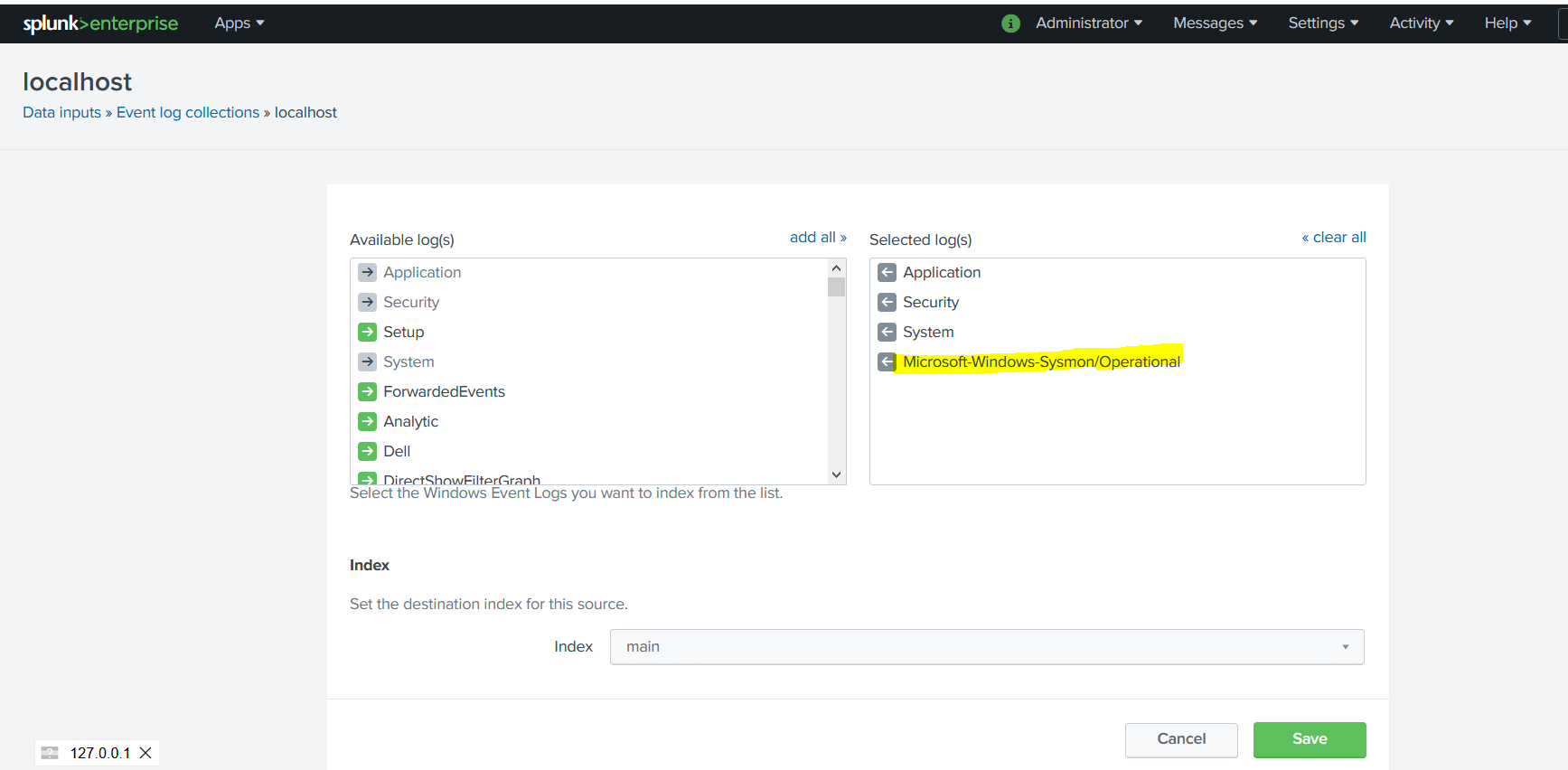 Splunk data input